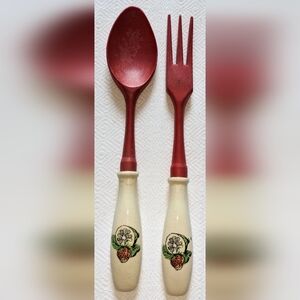 Vintage Red and Cream Salad Serving Utensil Set